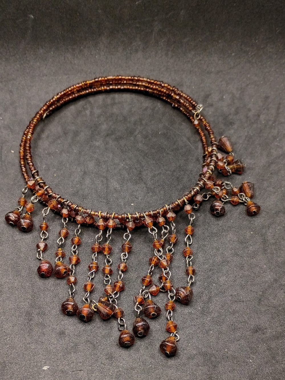 Brown Beaded Fringe Necklace with Amber Accents